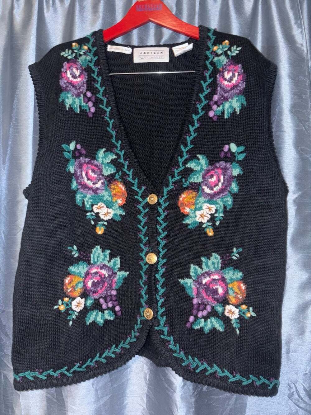 Jantzen Classics Vintage Floral Hand Embroidered Knit Vest Size XL